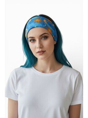 Sun & Moon Printed Stretchy Blue Headband With Vibrant Colors Versatile Fit And